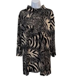 Susan Graver Animal Print Mock Neck Long Sleeve Tunic Top XL Black Beige
